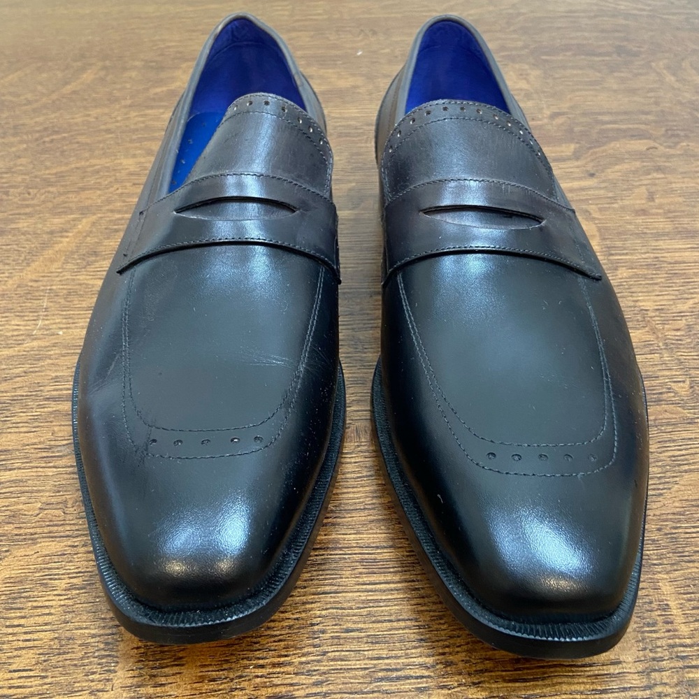 SL STEVEN LAND BLACK GREY LEATHER SLIP ON LOAFER BUSINESS DRESS SHOES